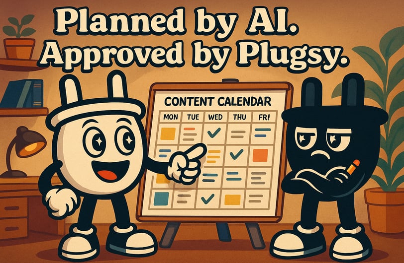 Plugsy excitedly presents a colorful weekly content calendar while Smugsy skeptically evaluates it w
