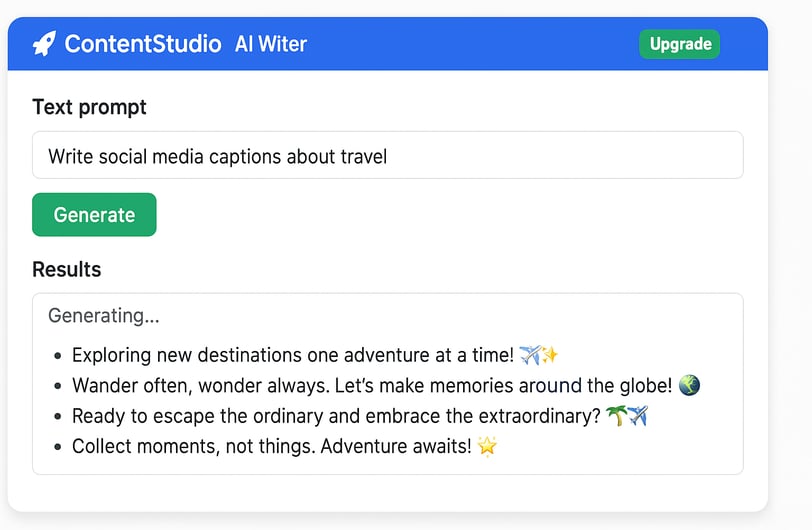  A graphic showing the ContentStudio AI Writer interface with example captions being generated