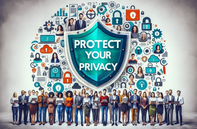 BrukeKnox image of people in front of a shield standing in support of privacy protection rights