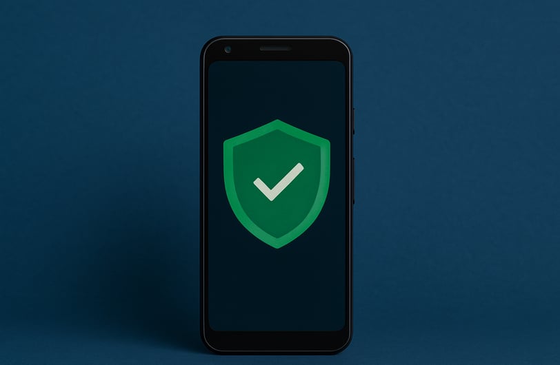 Smartphone moderno com tela exibindo um ícone de escudo verde com marca de verificação, simbolizando