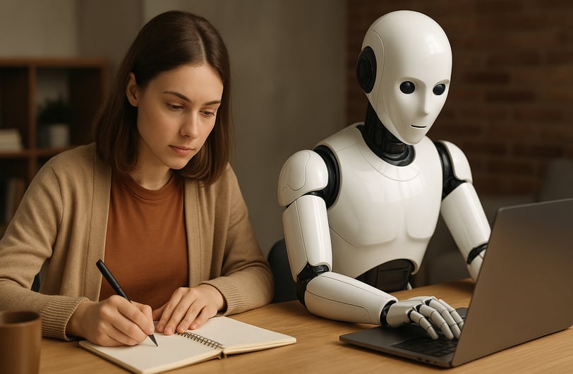Pessoa escrevendo em caderno ao lado de um robô humanoide que digita em um notebook, representando a