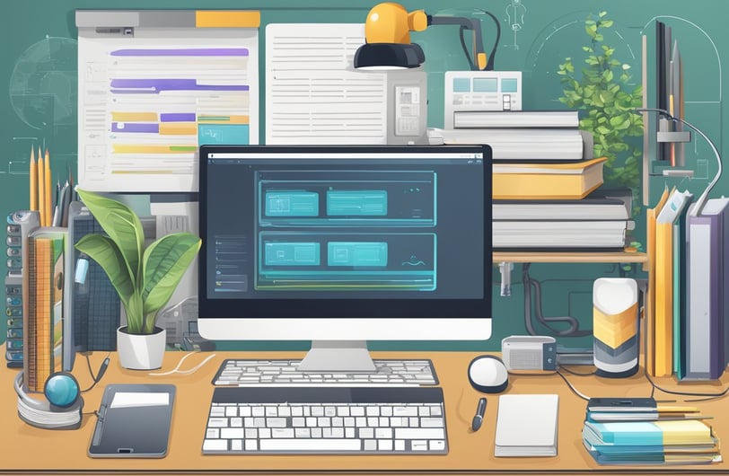 a desk with a computer monitor, keyboard, and a monitor screen