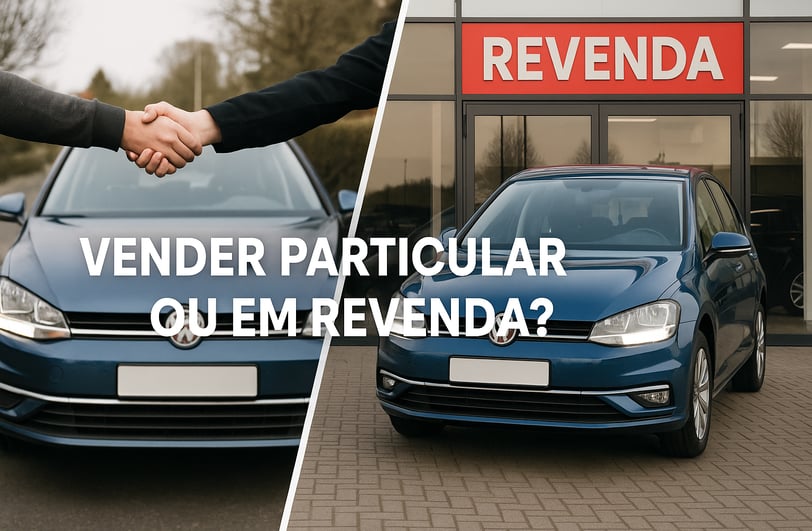 Comparação entre venda particular e revenda: carro Volkswagen azul ao centro, com aperto de mãos à e