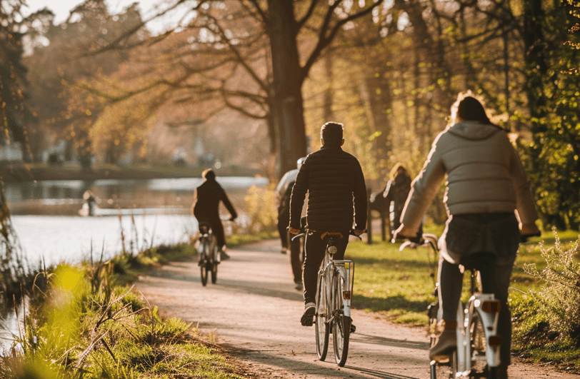 a group of people riding bikes down a path