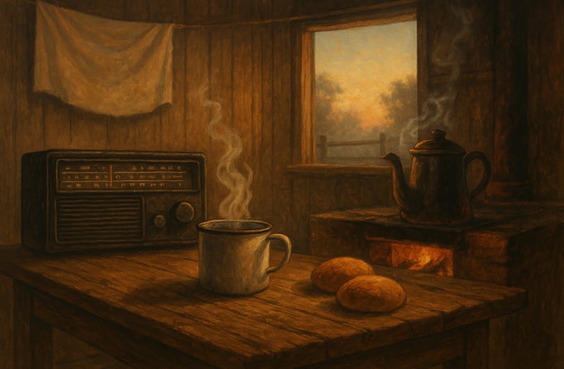 rádio antigo ligado sobre mesa, caneca de café e luz suave de amanhecer entrando pela janela.