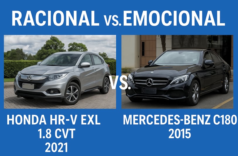 Comparativo entre Honda HR-V EXL 1.8 CVT 2021 e Mercedes-Benz C180 2015, representando uma compra ra