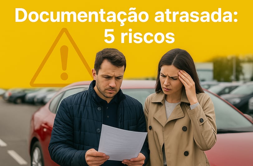 Homem e mulher olhando preocupados para um documento em frente a um carro vermelho, com um grande fu