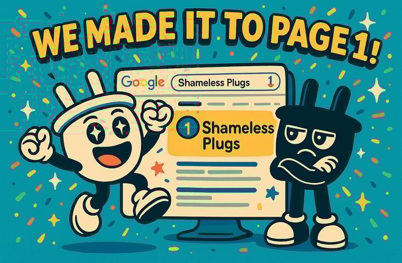 Plugsy jumps in the air holding a glowing plug-shaped trophy, while Smugsy casually sips coffee besi