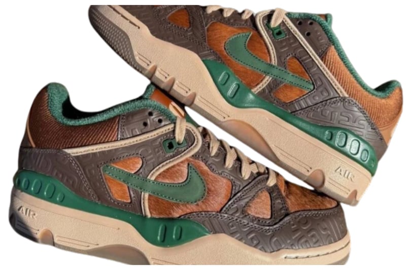 a pair of sneakers with a green and brown, nike Air Force 3 Low, with collab by Nigo