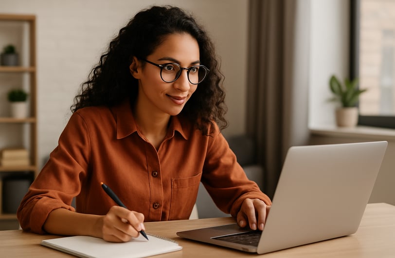 Mulher jovem usando óculos e camisa laranja trabalha concentrada em seu notebook, enquanto anota ide