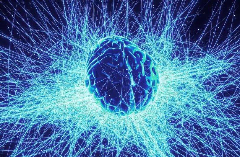 An blue brain sparkling with electricity