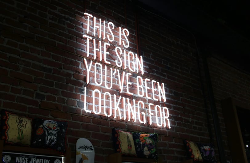 A neon sign on a wall with the text, this is the sign you have been looking for