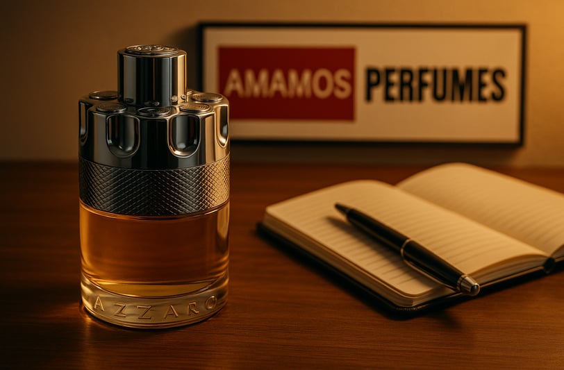Imagem realista de um perfume Azzaro sobre a mesa à noite, com iluminação suave.