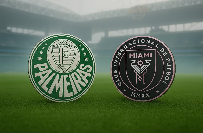 escudos de palmeiras e inter miami sobre gramado de estádio Hard Rock