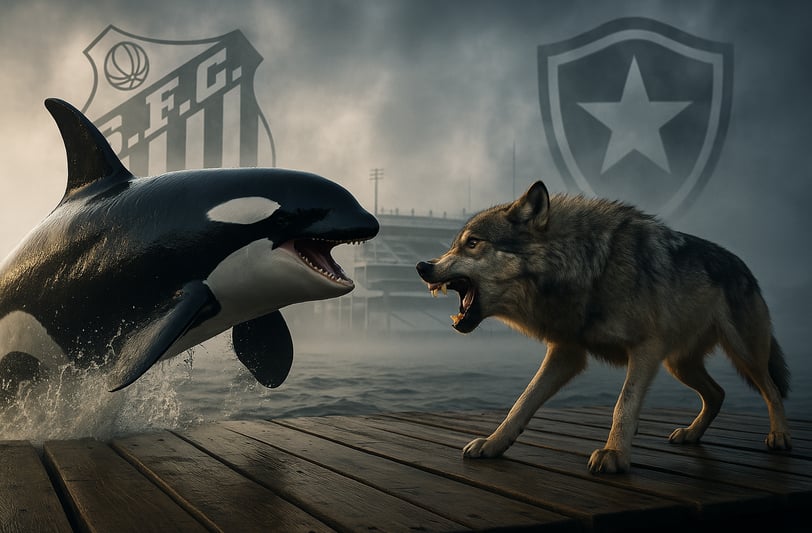 Orca e lobo se encaram sobre um deck com a Vila Belmiro e escudos de Santos e Botafogo