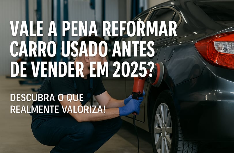 Mecânico realizando polimento na lataria de um carro usado em oficina, com destaque para o texto “Va