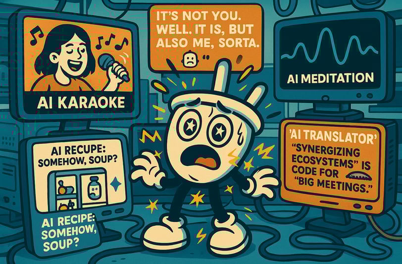 Plugsy stands panicked in a room full of AI tool screens. One screen says ‘AI Karaoke’ with a woman 