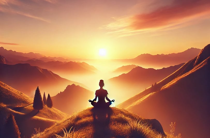 A serene scene of a person meditating on a hilltop during sunrise, surrounded by warm golden light