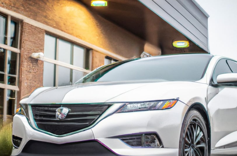 a white car parked in front of a building