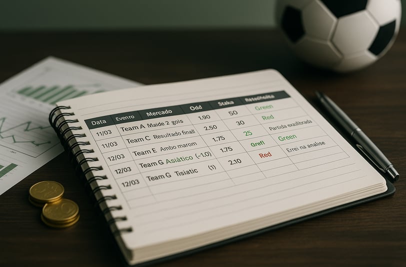 Caderno com registros de apostas esportivas sobre mesa, ao lado de moedas, gráficos e bola de futebo