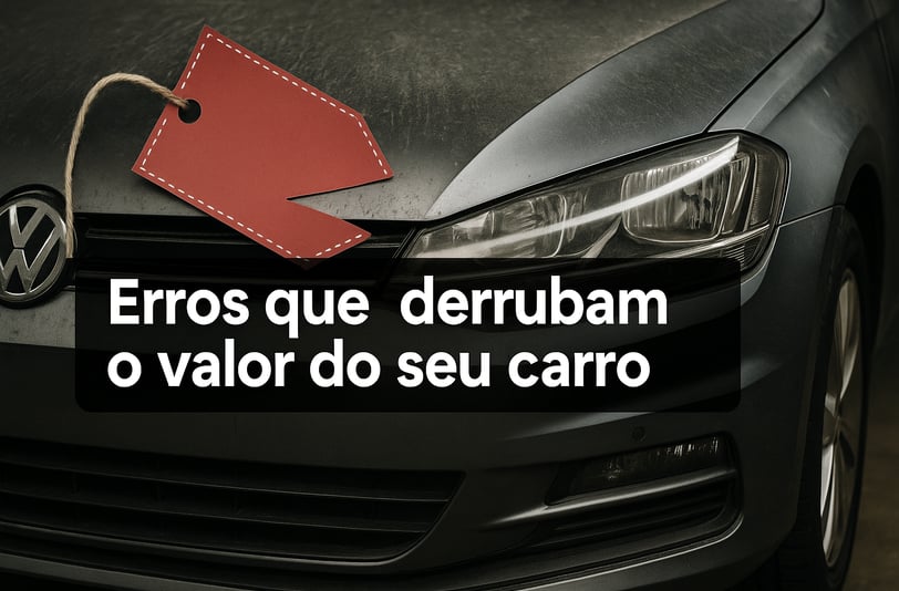 Carro usado com capô empoeirado em destaque, ao lado de uma etiqueta de preço vermelha cortada, com 