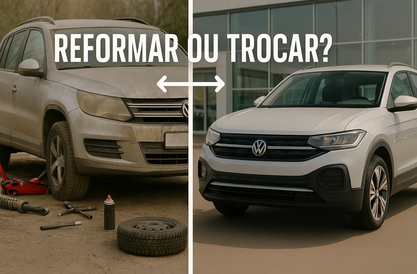 Imagem dividida ao meio mostrando, à esquerda, um Volkswagen Tiguan antigo sujo e com peças desmonta