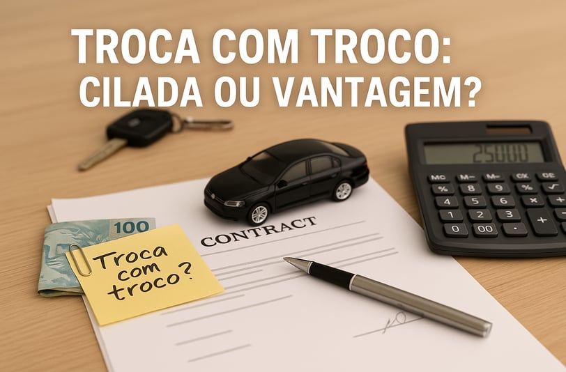 Imagem realista de uma mesa de madeira clara com itens relacionados à negociação de veículos. Sobre 