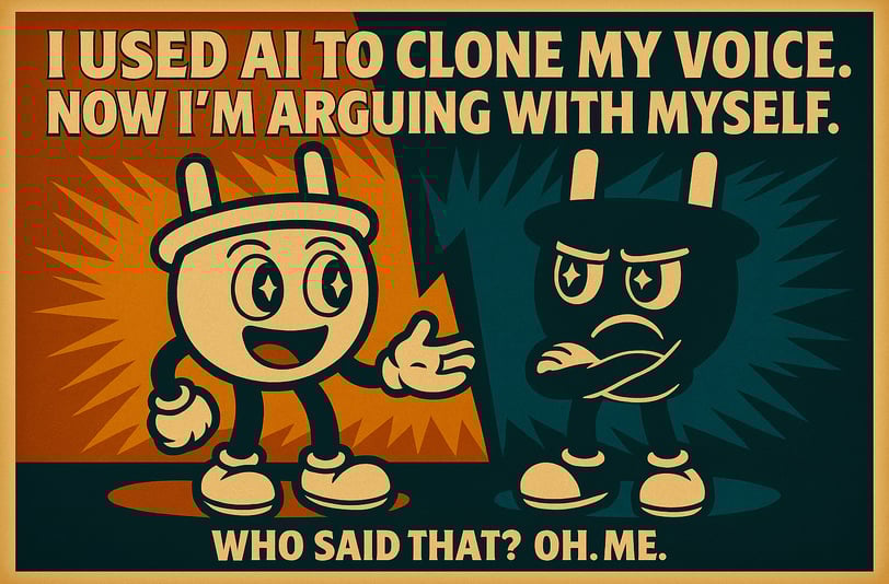 Vintage-style digital illustration of Plugsy the cartoon plug character facing a shadowy duplicate o