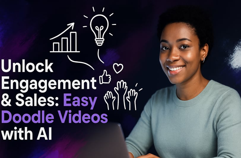 a woman sitting at a laptop with the text Unlock Engegement & sales: Easy Doodle Videos with AI