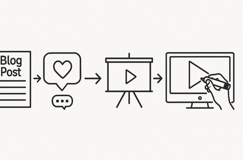 Icons representing different content types like blog post, social media, YouTube,  lead to doodle 