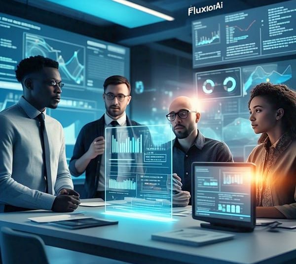 AI-powered marketing team collaborating on digital branding strategy in modern office"