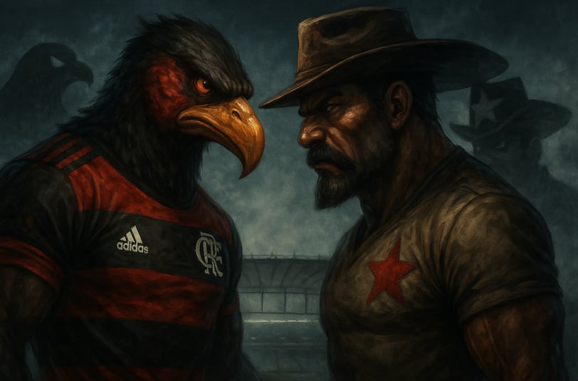 Mascotes de Flamengo (urubu) e Botafogo-PB (xerife com estrela vermelha) se encaram