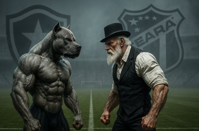 Cachorro cinza e idoso musculoso se encaram no Engenhão com escudos de Botafogo e Ceará ao fundo.   
