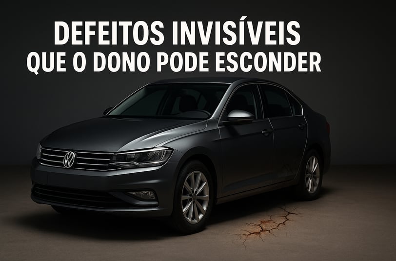 Carro sedã escuro com aparência impecável do lado esquerdo e defeitos visíveis no lado direito, como