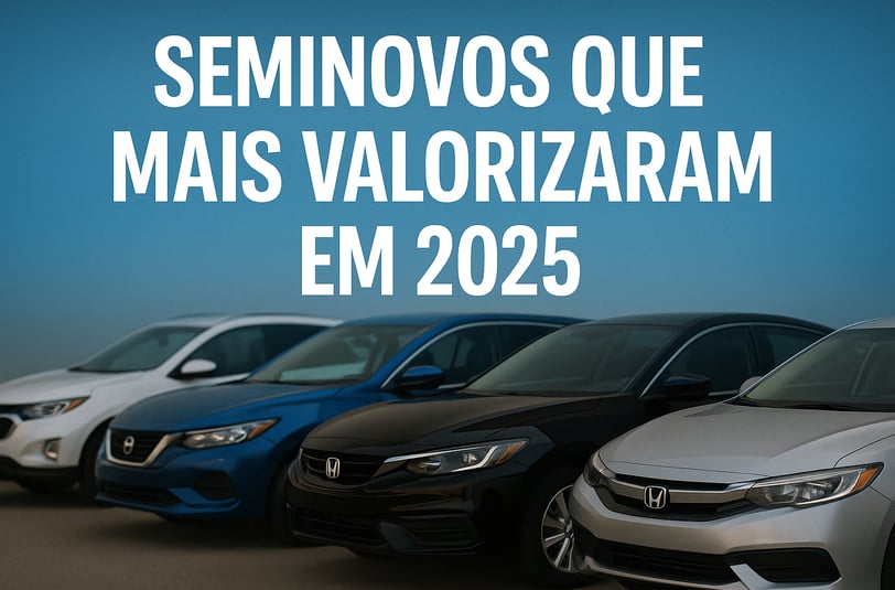 "Imagem de capa com quatro carros seminovos alinhados em um pátio, com a frase 'Seminovos que mais v