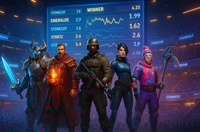 Arena futurista de eSports com personagens inspirados em LoL, Dota 2, CS:GO, Valorant e Fortnite