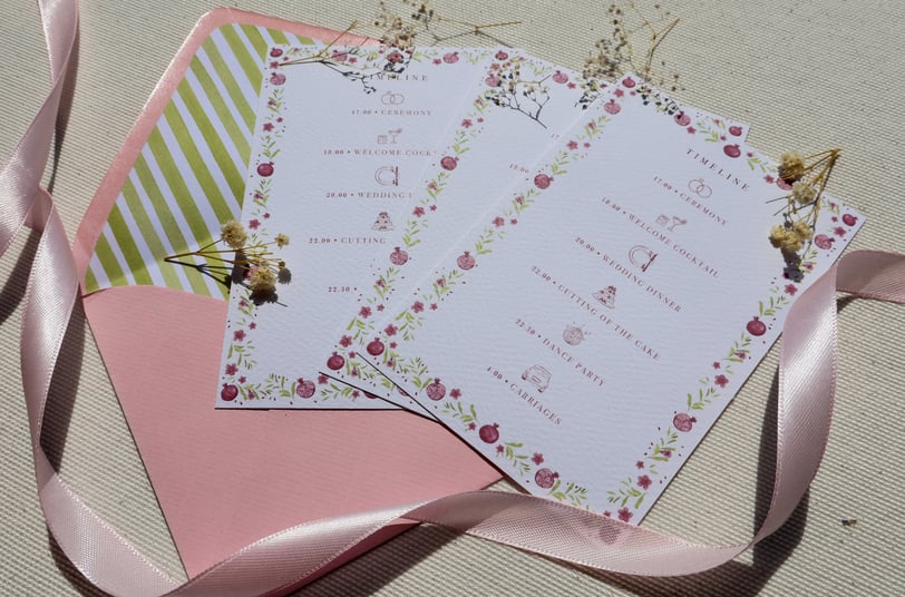 weekend details card with flowers and pink ribbon