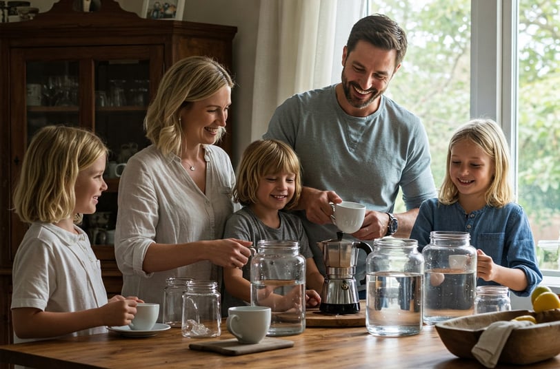 a family gathering around a table with a man and two children