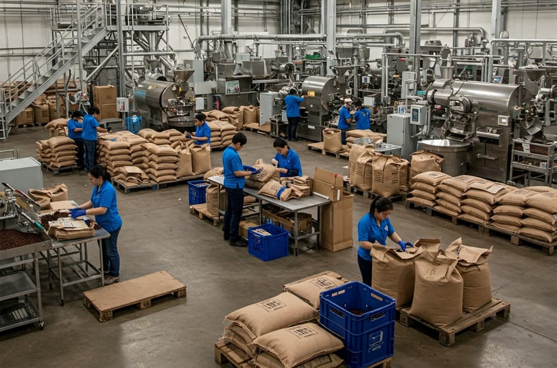 a factory floor with workers in blue uniforms