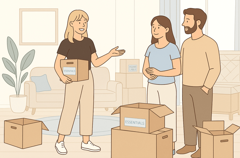 Professional organizer helping a couple pack essentials for a smooth and stress-free move.