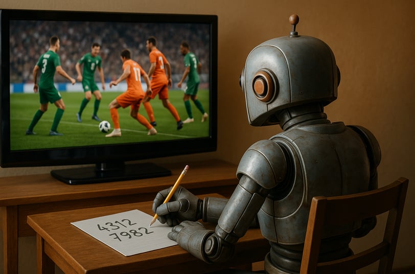 Robô anotando números enquanto assiste a um jogo de futebol na TV.