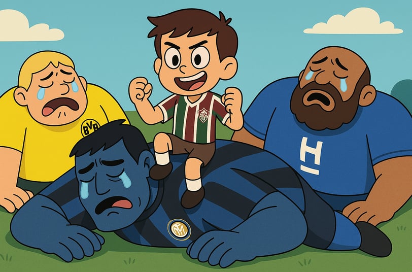 Desenho de menino torcedor do fluminense sobre gigante inter de milão