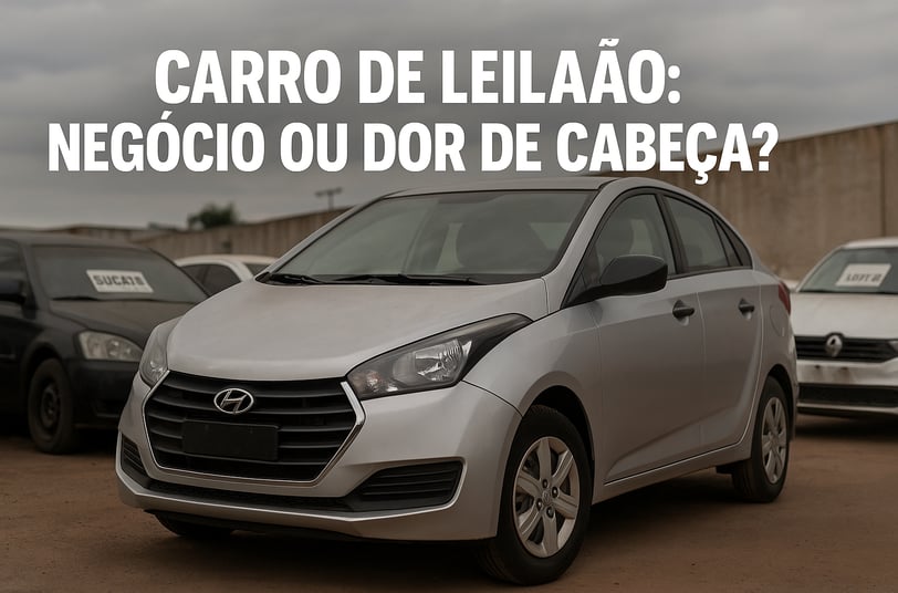 Hyundai HB20 prata estacionado em pátio de leilão com sinais discretos de uso, como farol desalinhad