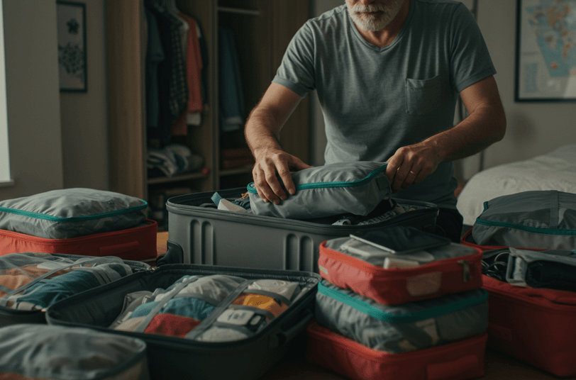 Traveler packing cube organizers into suitcases in preparation of upcoming trip