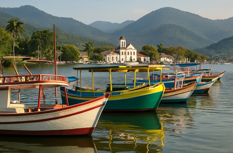 Barcos coloridos ancorados na baía de Paraty com montanhas verdes ao fundo e luz natural suave.