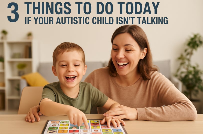 mom and her young son sitting at a table happy and smiling pointing to a visual communication board
