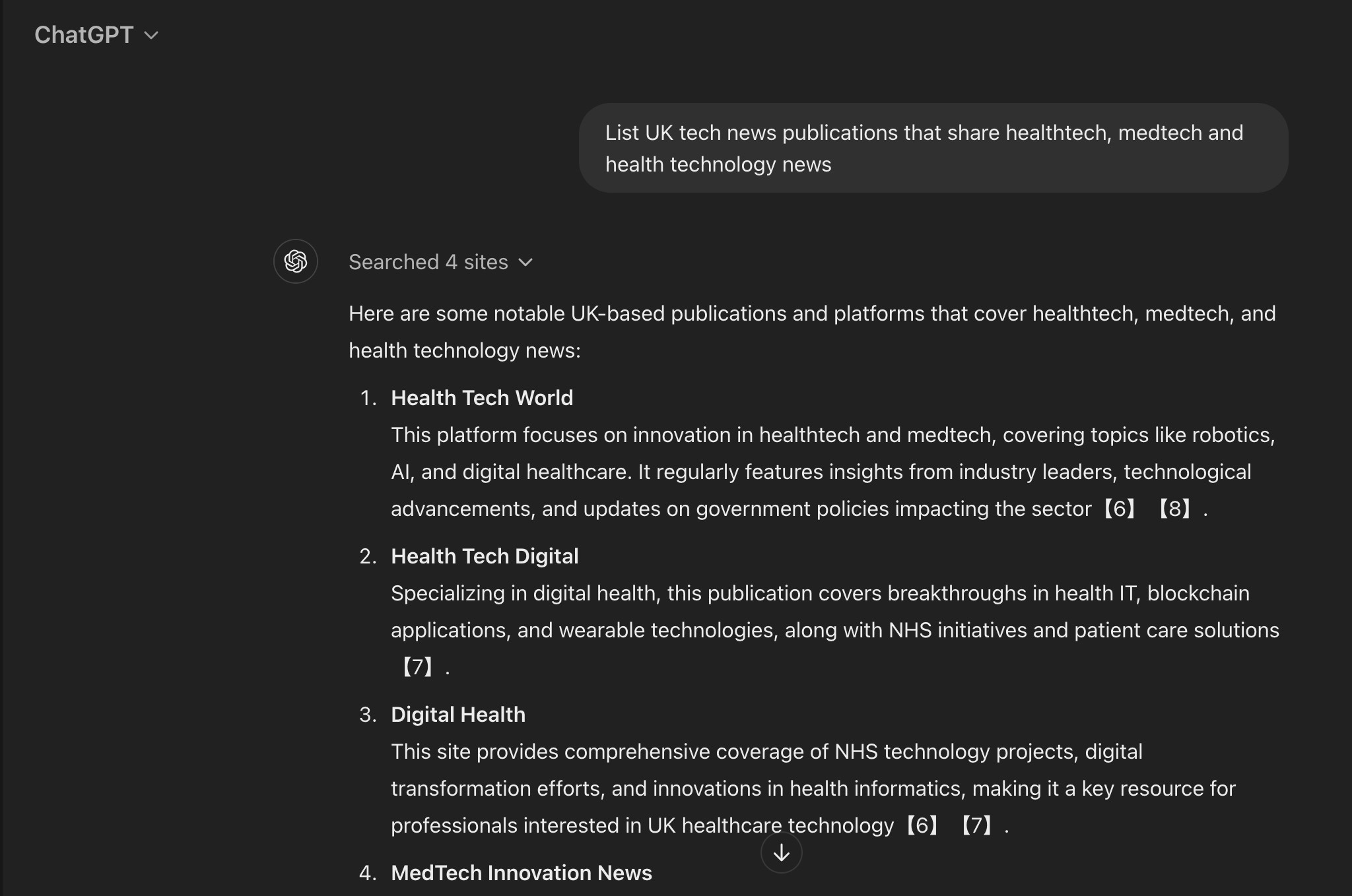 ChatGPT response to 'List UK tech news publications that share healthtech, medtech and health technology news