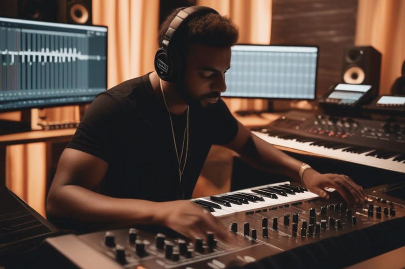 a man in headphones and headphones is playing music in a recording studio