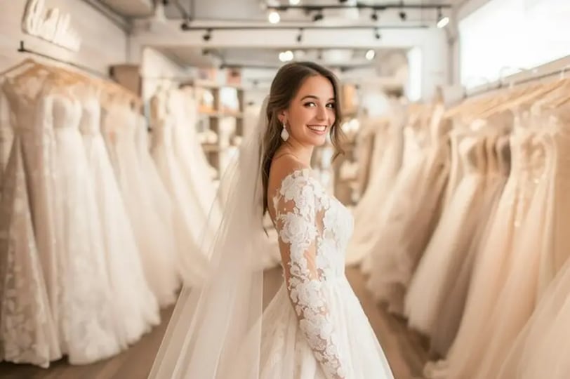 femmes dans boutique de mariage entourée miroirs rayons robes mariée