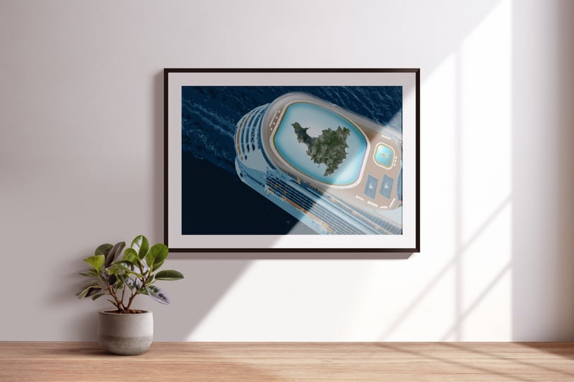 Digital illustration of a luxury cruise ship with the island of St. Martin floating inside a central